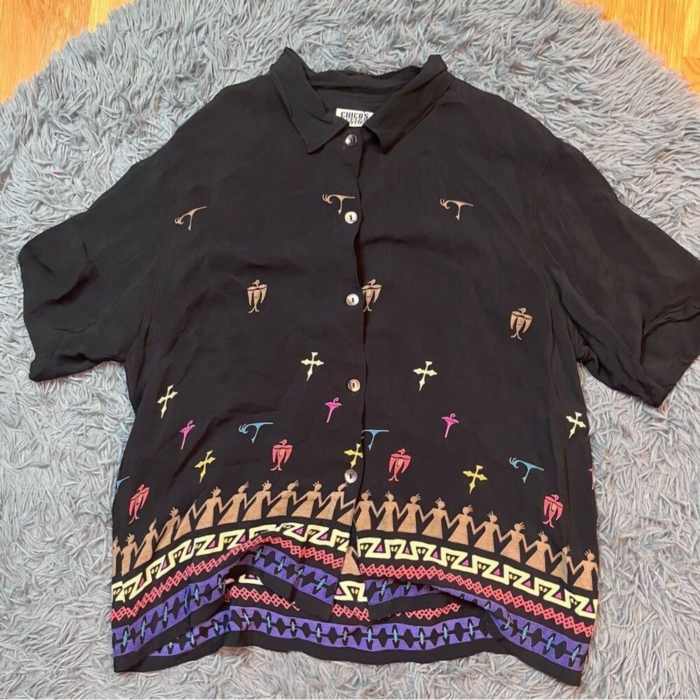 Chicos Top Black Aztec Print Vintage 90s Print Short Sleeve Size XL